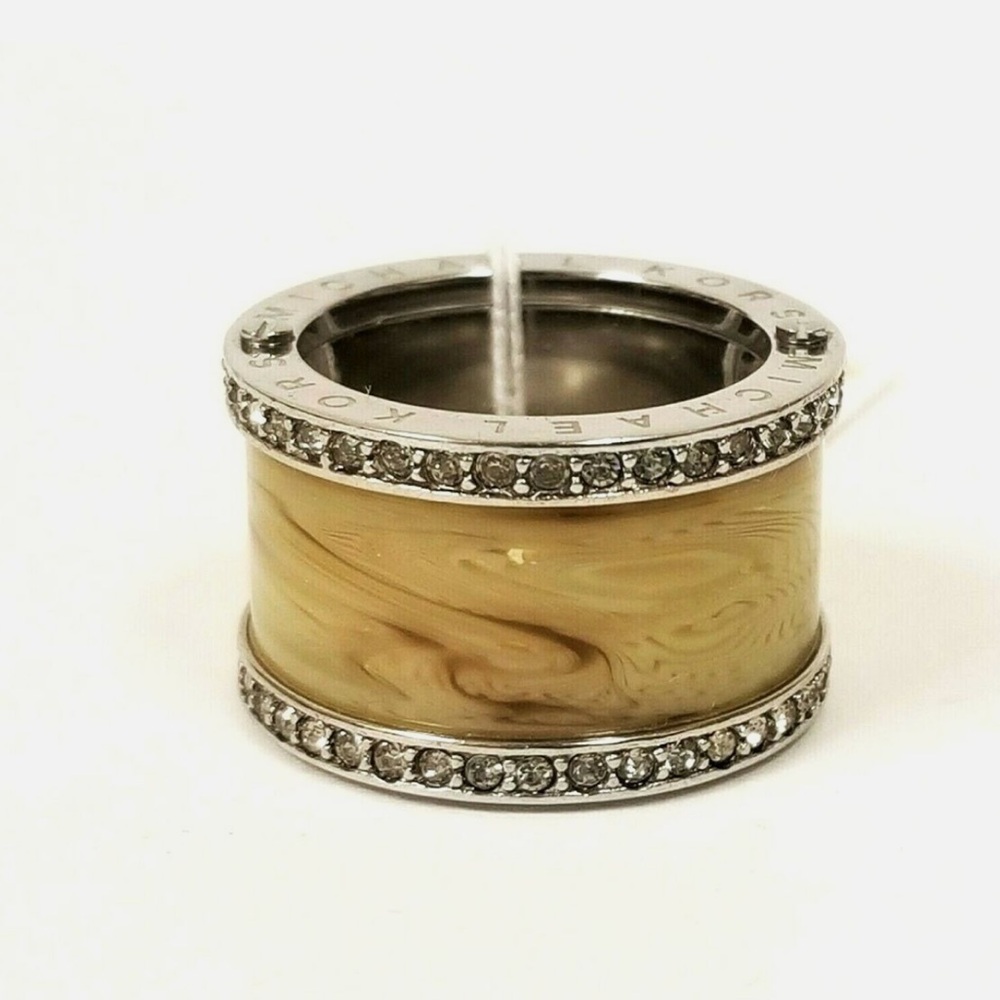Michael Kors Silver Tone+Beige Horn Crystals Pave Barrel Ring Band Size 5